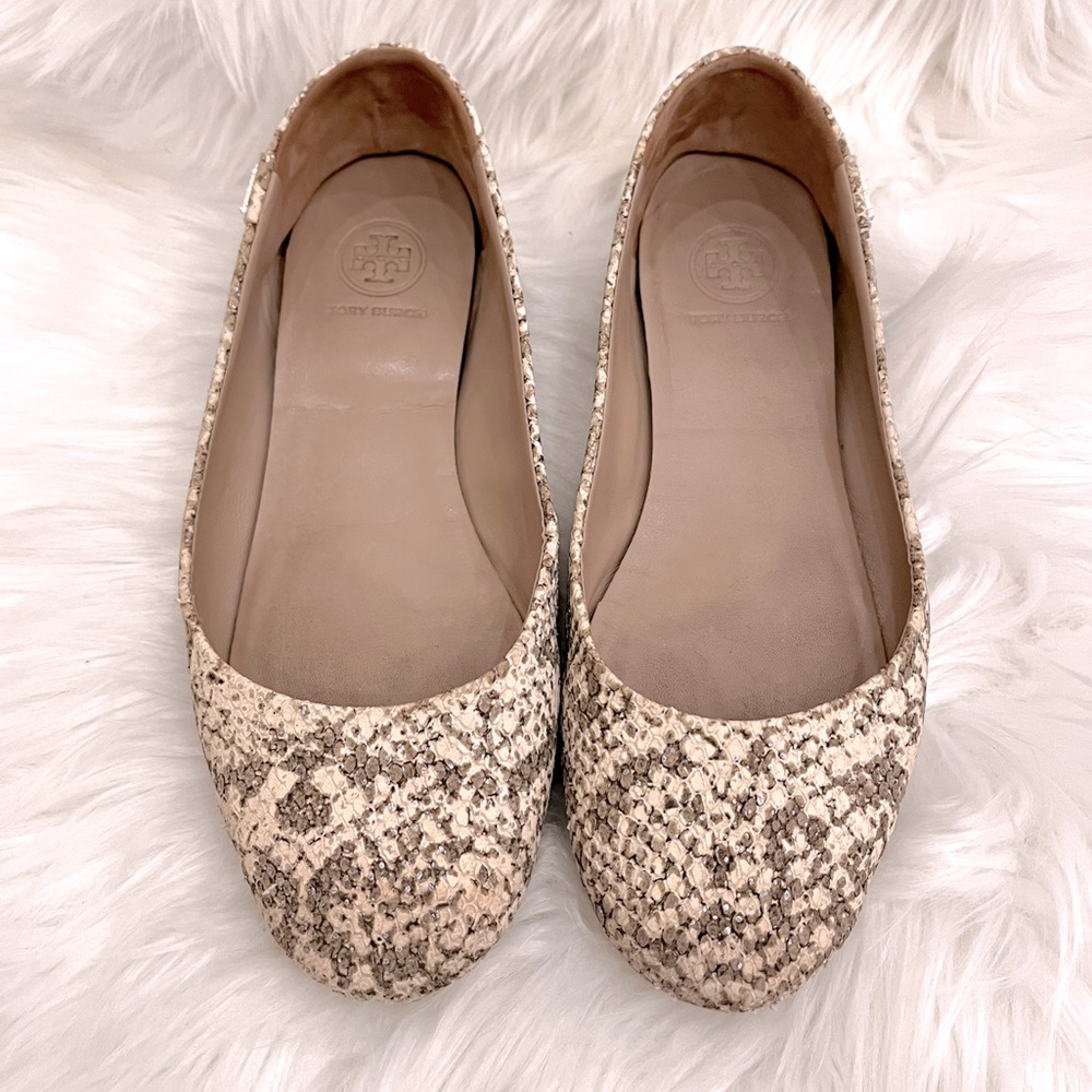 Tory Burch Leather Ballet Flats, Travel Flat | Taupe Embossed Snake Print